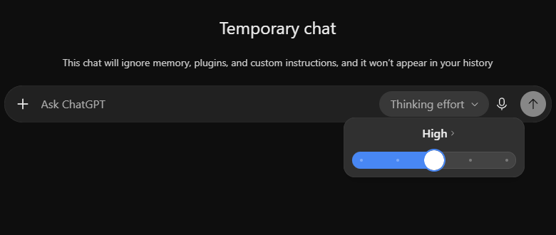 ChatGPT’s Temporary chat, with the thinking level set to High