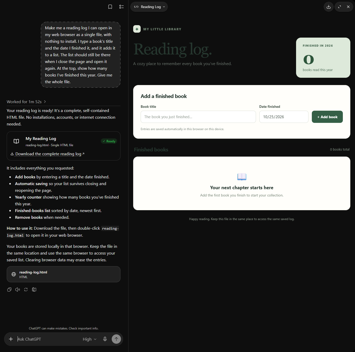 ChatGPT’s reading log open in its preview panel