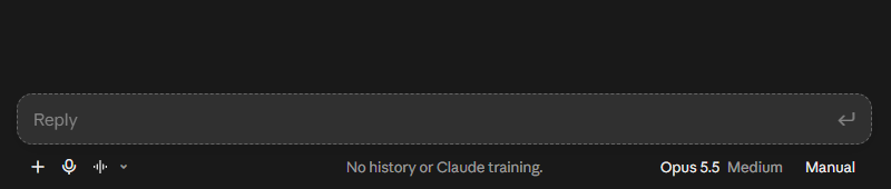 The bottom of Claude’s incognito chat, with Opus 5.5 at Medium selected and the line No history or Claude training