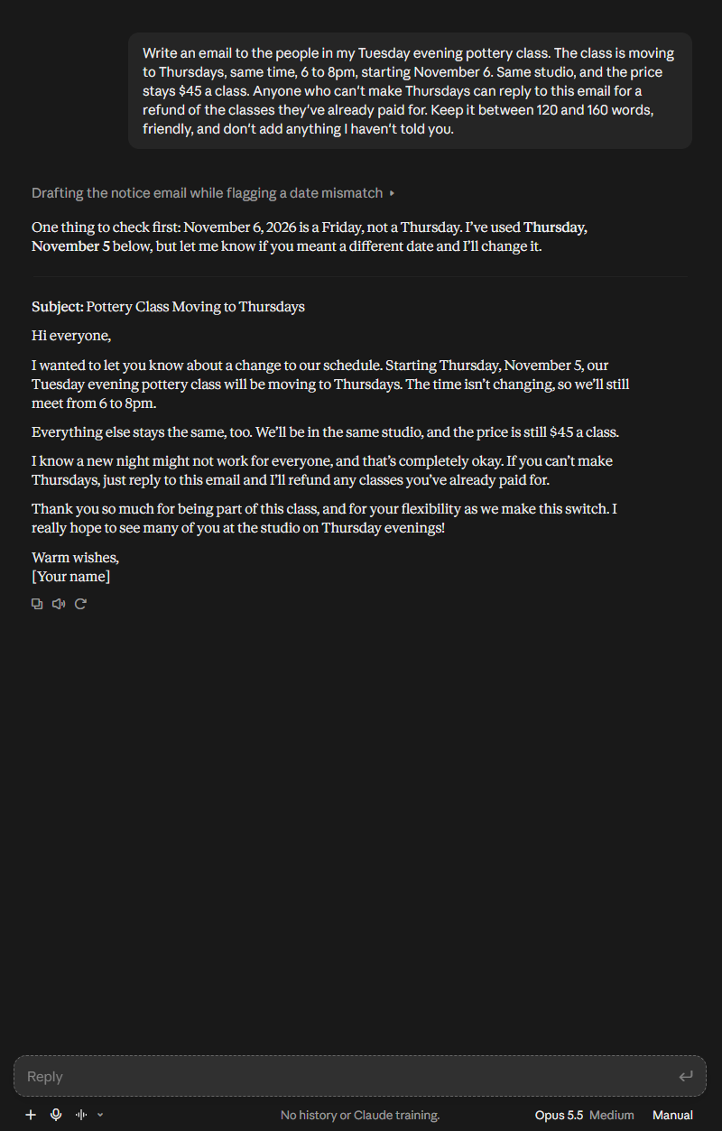 Claude’s class email, with its note about November 5 above it