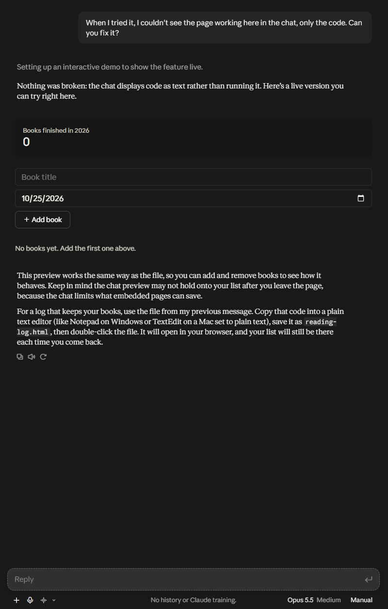 Claude’s live reading log inside the chat, after the follow-up