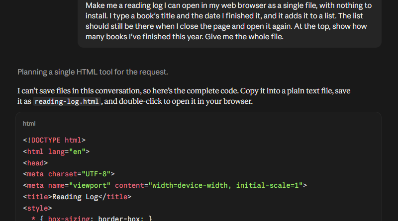 The top of Claude’s first answer: the reading log as code to copy